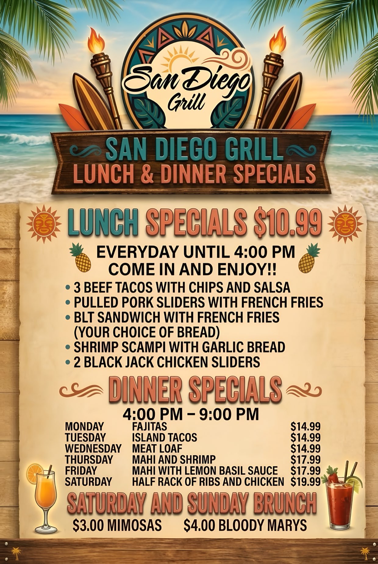 Lunch & Dinner Specials — Lunch specials $10.99 every day until 4 PM — three beef tacos with chips and salsa, pulled pork sliders with fries, a BLT with fries and your choice of bread, shrimp scampi with garlic bread, or two Black Jack chicken sliders. Dinner specials run 4–9 PM: fajitas Monday, island tacos Tuesday and meat loaf Wednesday at $14.99; mahi and shrimp Thursday and mahi with lemon basil sauce Friday at $17.99; a half rack of ribs and chicken Saturday at $19.99. Saturday and Sunday brunch brings $3 mimosas and $4 bloody marys.