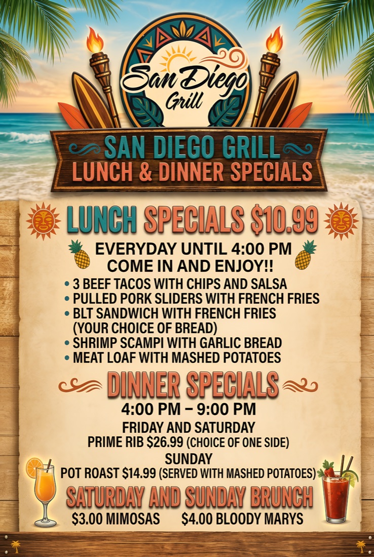 Lunch & Dinner Specials — Lunch specials $10.99 every day until 4 PM — beef tacos, pulled pork sliders, BLT, shrimp scampi, or meat loaf. Dinner specials 4–9 PM: prime rib $26.99 Friday and Saturday, pot roast $14.99 Sunday. Weekend brunch brings $3 mimosas and $4 bloody marys.